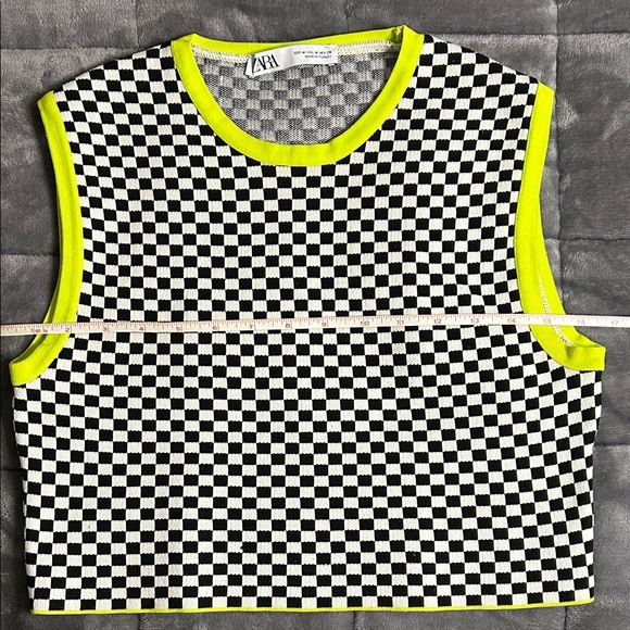 Zara Black and White Checkered Top with Neon Accents - Picture 5 of 8